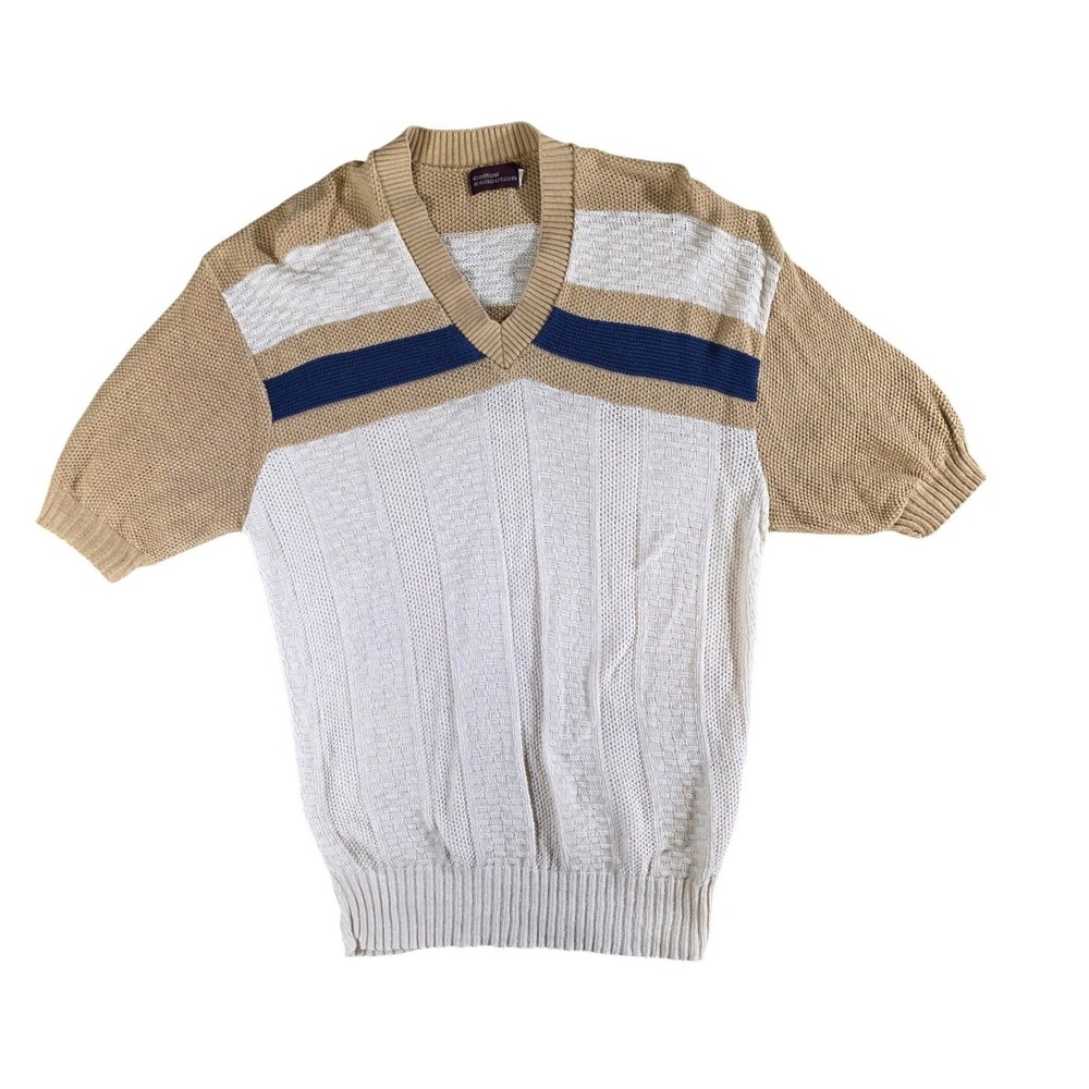 Cellini Collection Mens Vintage V-Neck Knit Sweater Short Sleeve Tan Blue L USA